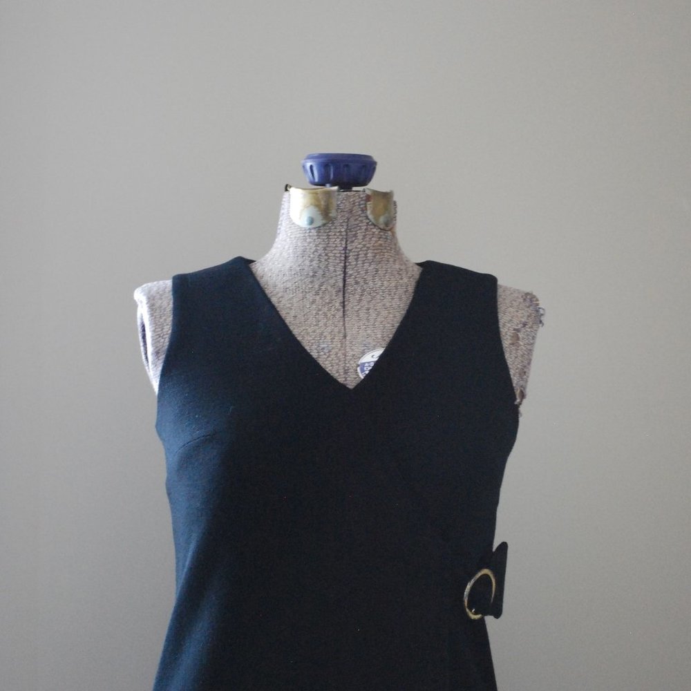 Wool black wrap mini dress w/ gold belt buckle